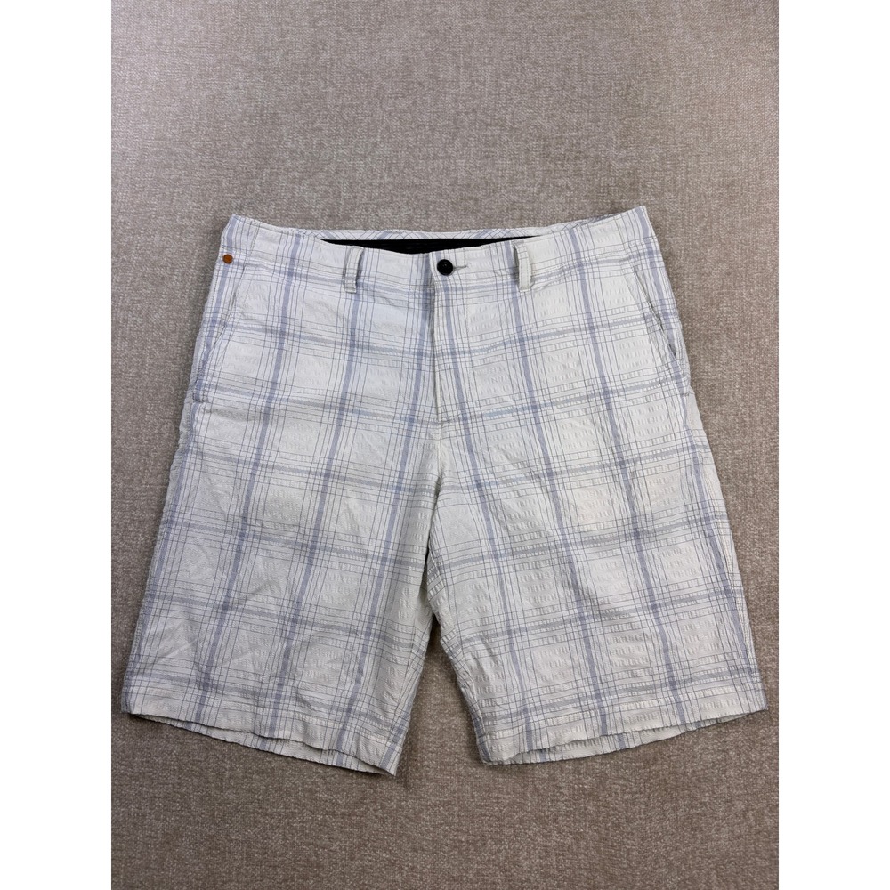 Tommy Bahama Mens Plaid Textured Stretch Shorts White Blue Size 36